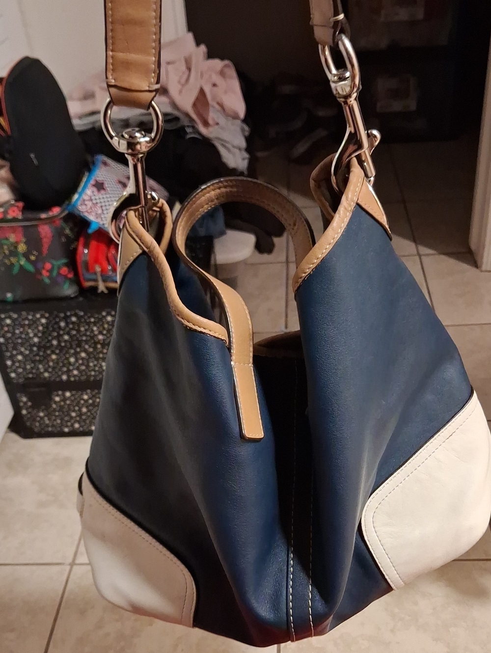 Coach Navy and Cream Shoulder Hobo Bag with Tan Trim
